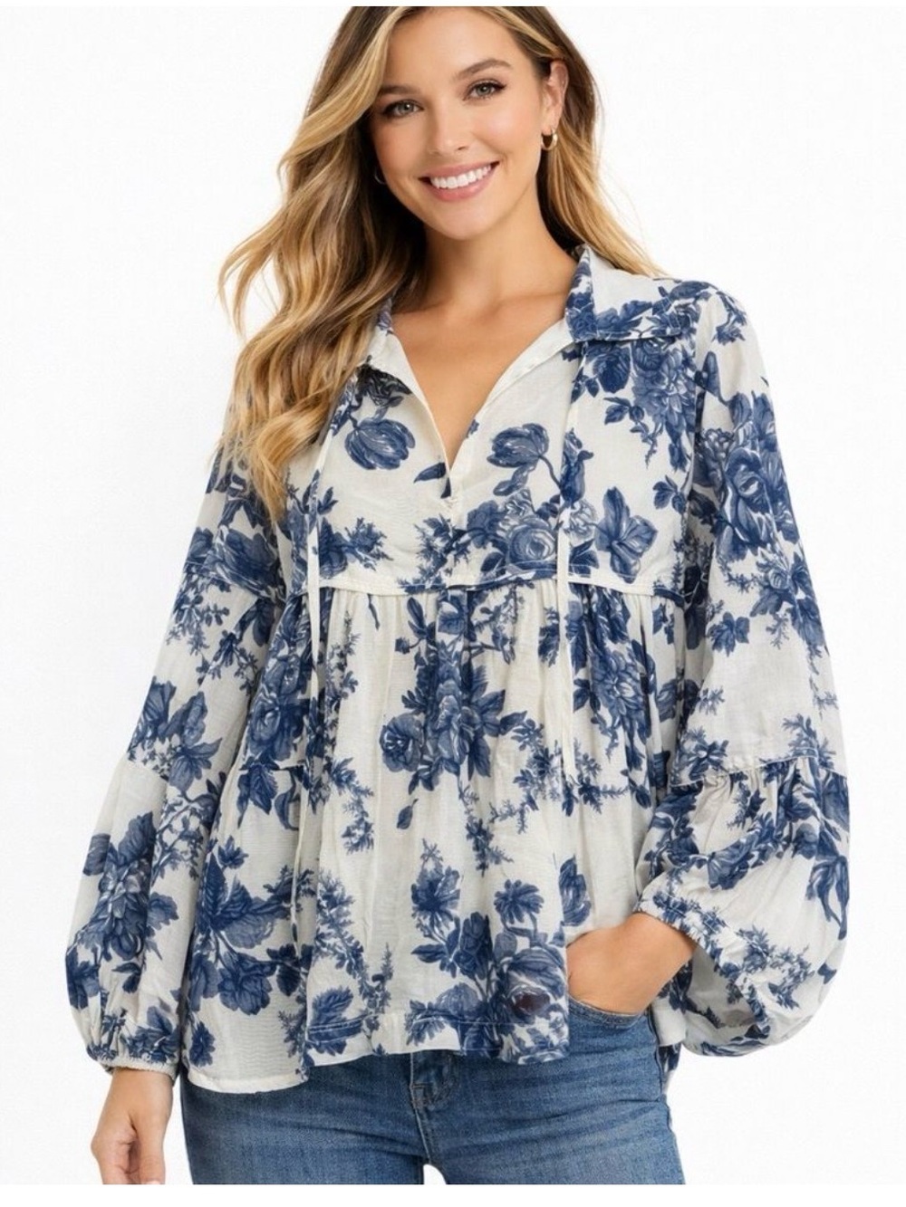 &merci Cotton Blue Floral Tie-Neck Peasant Cottagecore Feminine Blouse Size S